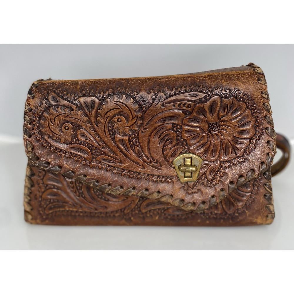 Vintage Handmade Tooled Brown Leather Handbag Shoulder Strap Purse